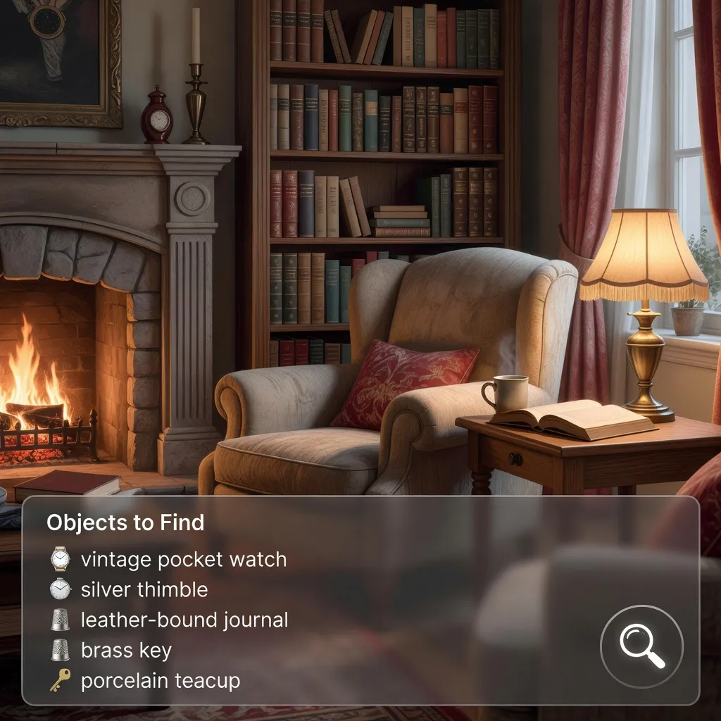 Ukázka uživatelského rozhraní hry Lost Stories: Hidden Object se seznamem hledaných objektů