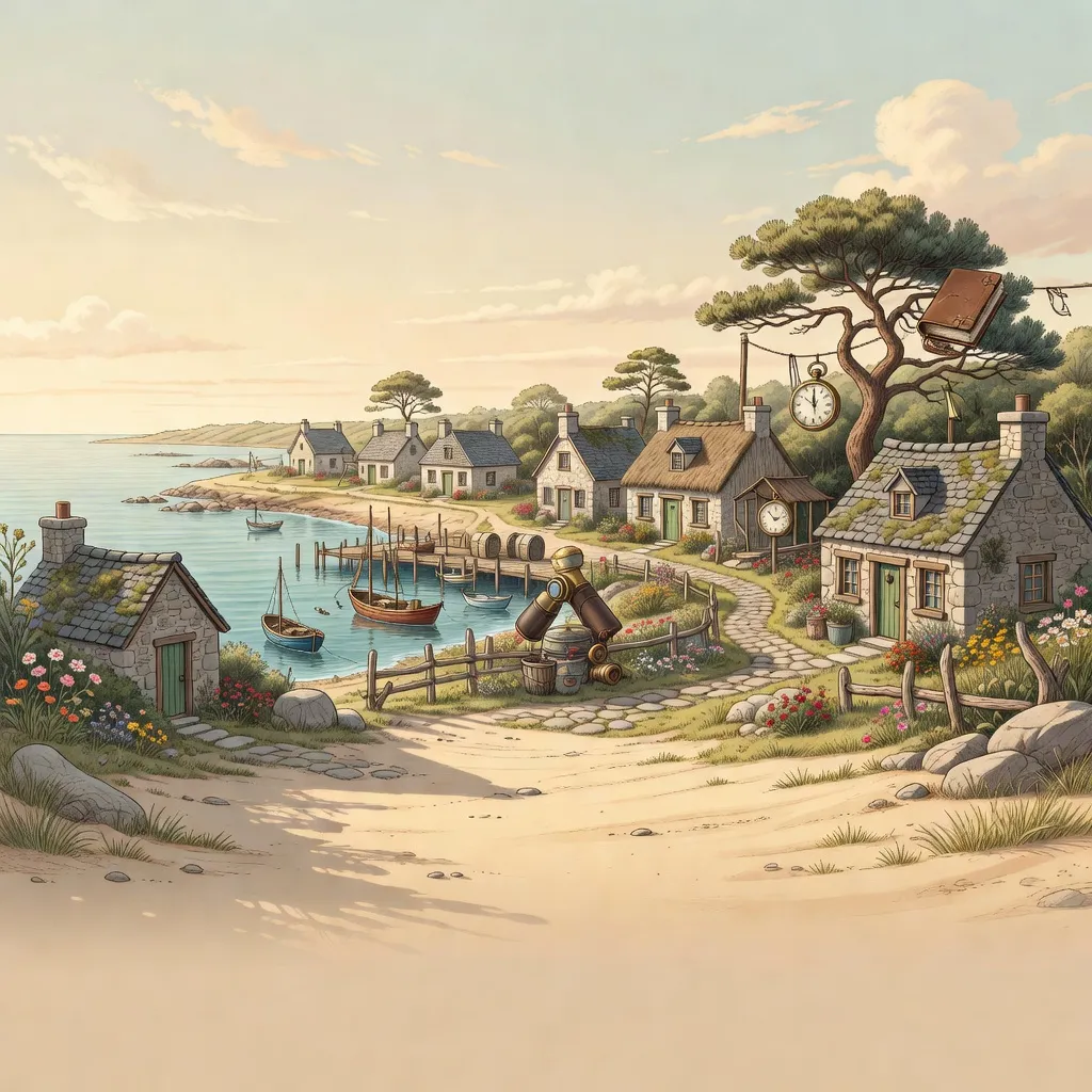 Ilustrovaná pobřežní lokace s ukrytými předměty ve hře Lost Stories: Hidden Object