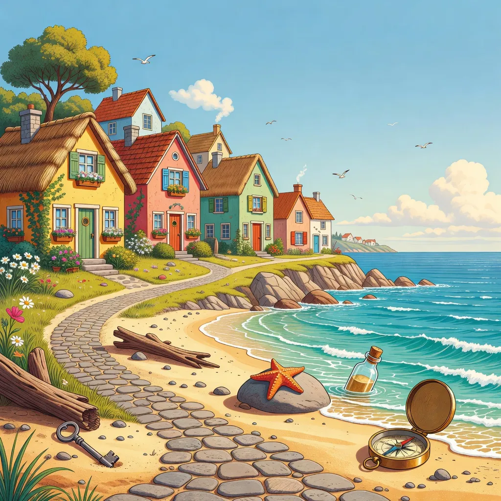Ilustrovaná pobřežní vesnice s barevnými domy a pláží v Lost Stories: Hidden Object