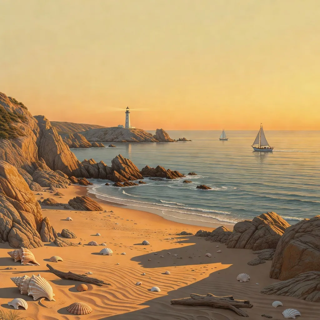 Panoramatická ilustrovaná pobřežní scéna z Lost Stories: Hidden Object s pláží, útesy a klidným mořem