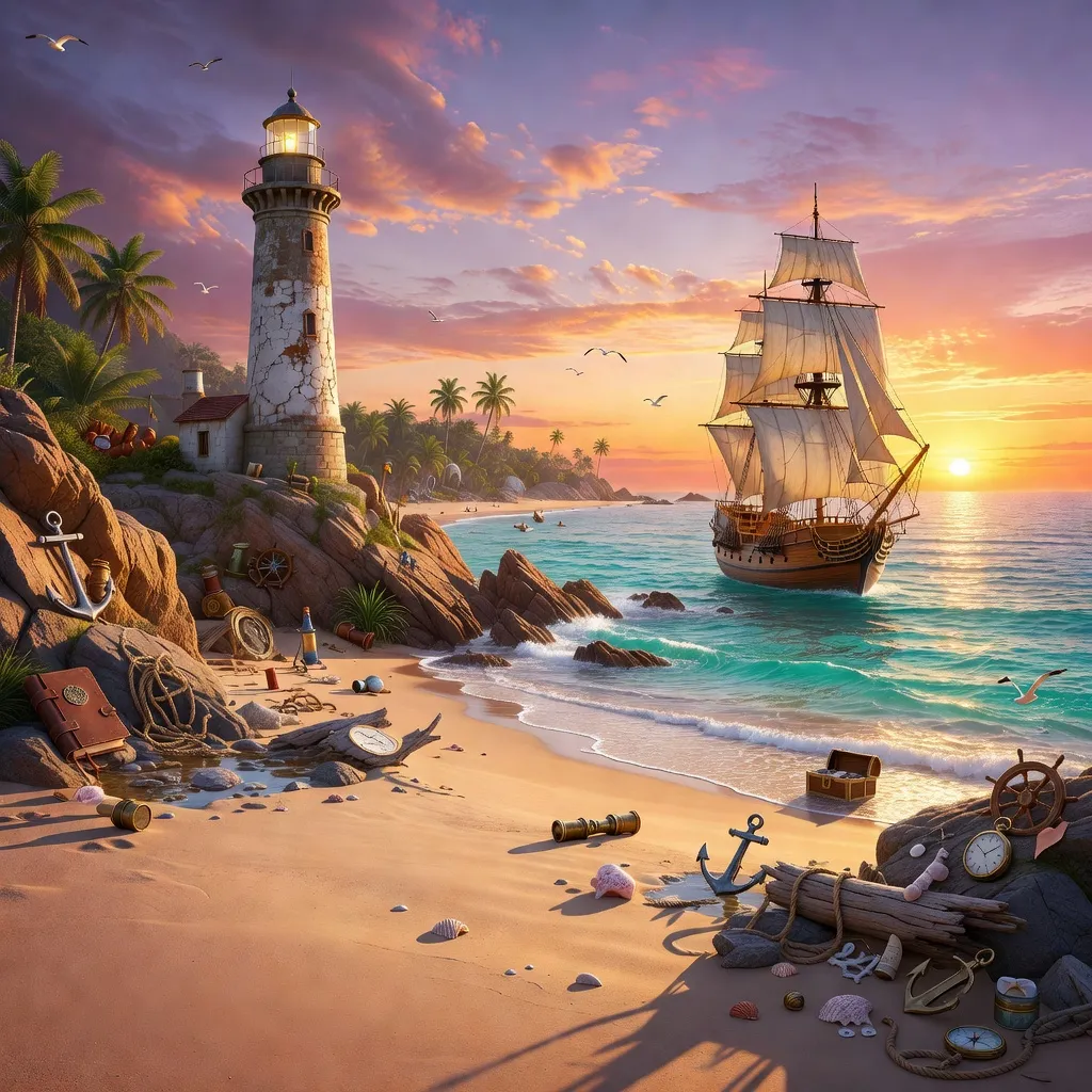 Panoramatický pohled na ilustrovanou pobřežní lokaci z Lost Stories: Hidden Object s majákem a lodí