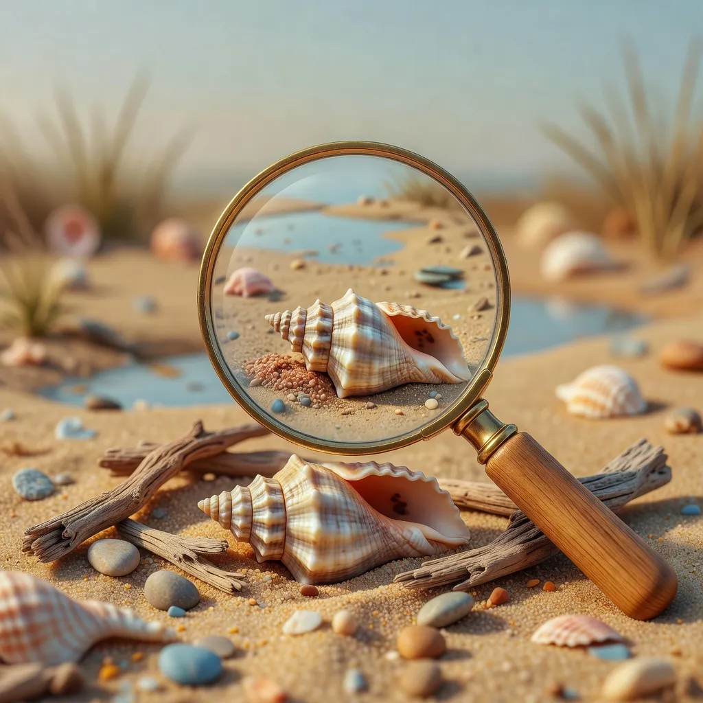 Detailní ilustrace z Lost Stories: Hidden Object s lupou nad skrytou mušlí