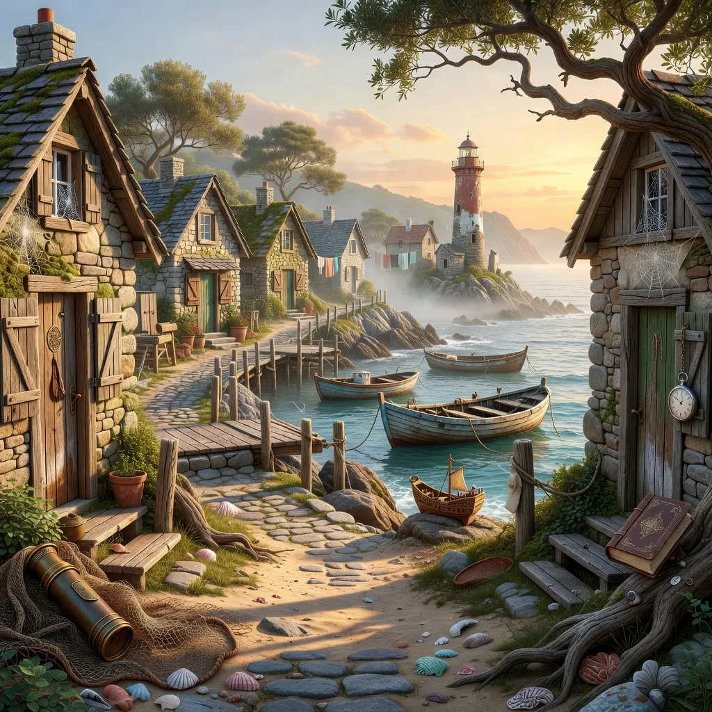 Ilustrovaná lokace z Lost Stories: Hidden Object, například stará knihovna nebo pobřežní vesnice