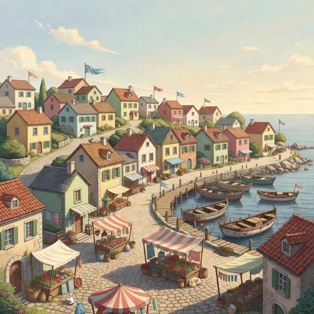 Panoramatická ilustrace pobřežní vesnice s přístavem, domy a tržištěm ve hře Lost Stories: Hidden Object